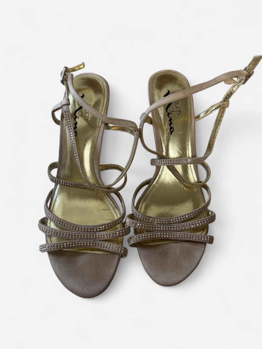 Vienna Prom Taupe and Gold Strappy Rhinestone Heels